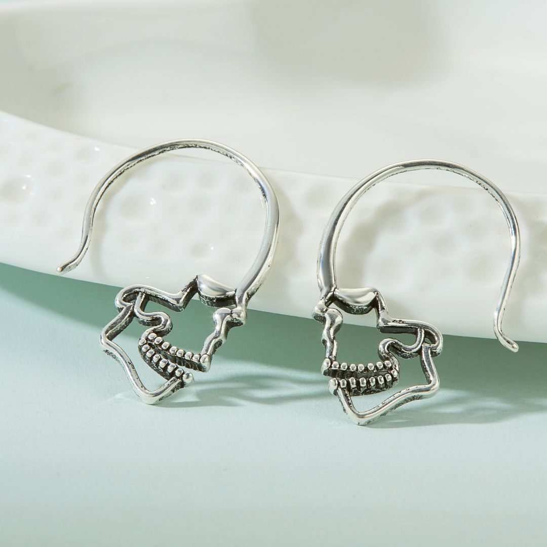SILVER SKULL HOOP EARRINGS (PAIR)