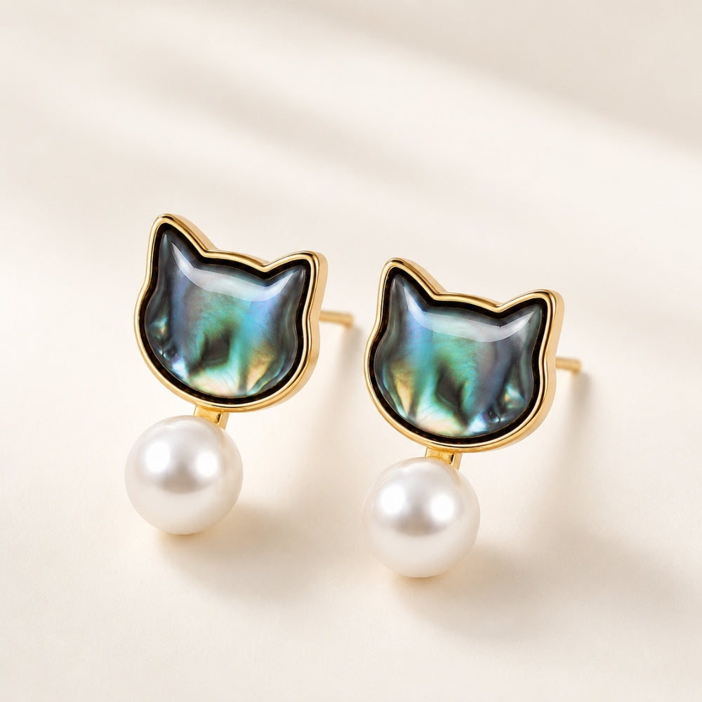 ABALONE CAT DANGLE EARRINGS (PAIR)