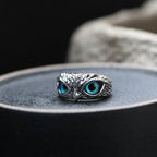 Owl of good luck adjustable ring in silver and opal